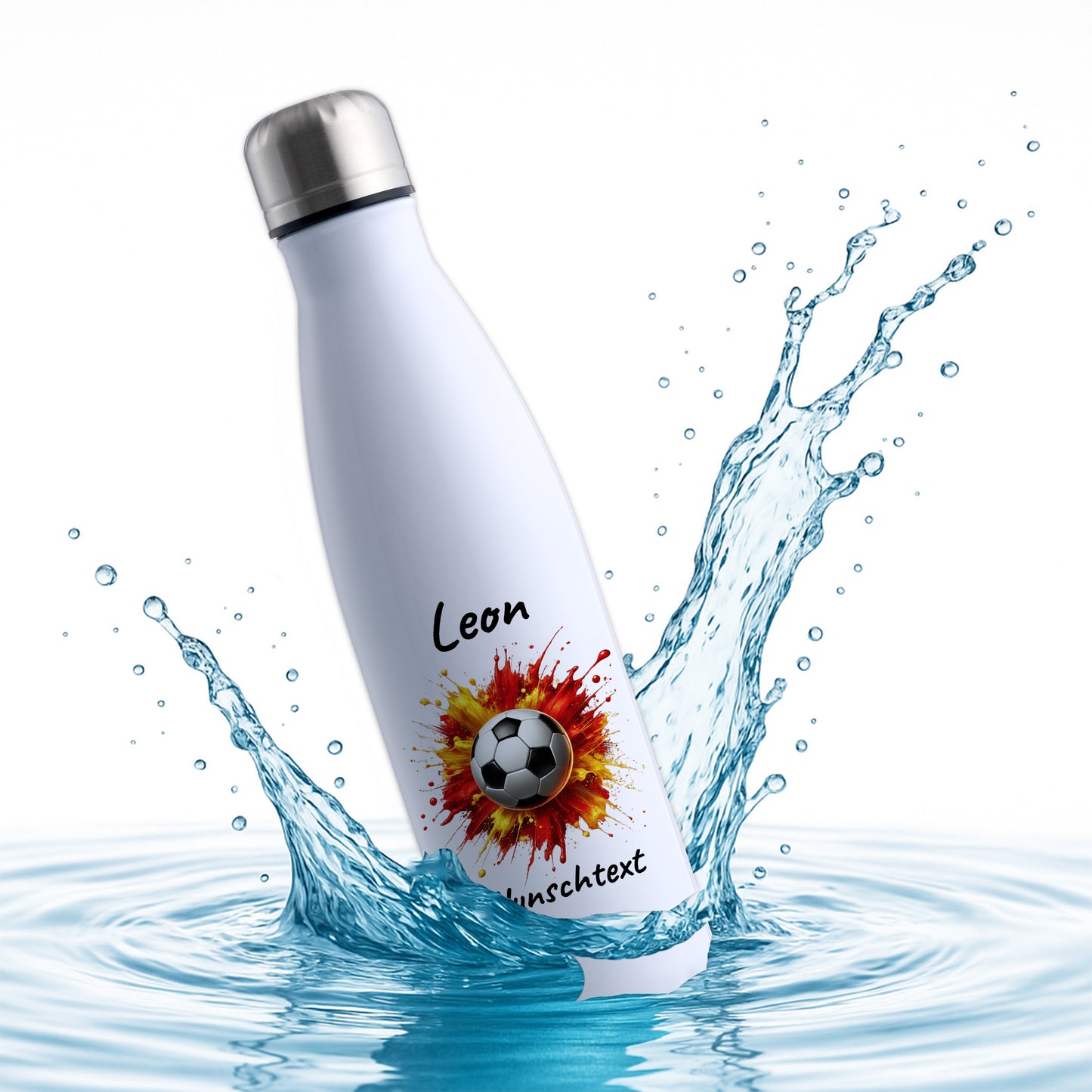 Thermoflasche 500ml in Weiß aus Edelstahl bedruckt "Fußball" Motiv9 personalisierbar mit Wunschname & Text