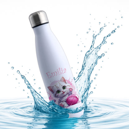 Trinkflasche in Weiß 500ml aus Edelstahl bedruckt mit niedlichen Tieren "Katze" personalisierbar für Kinder mit Wunschname