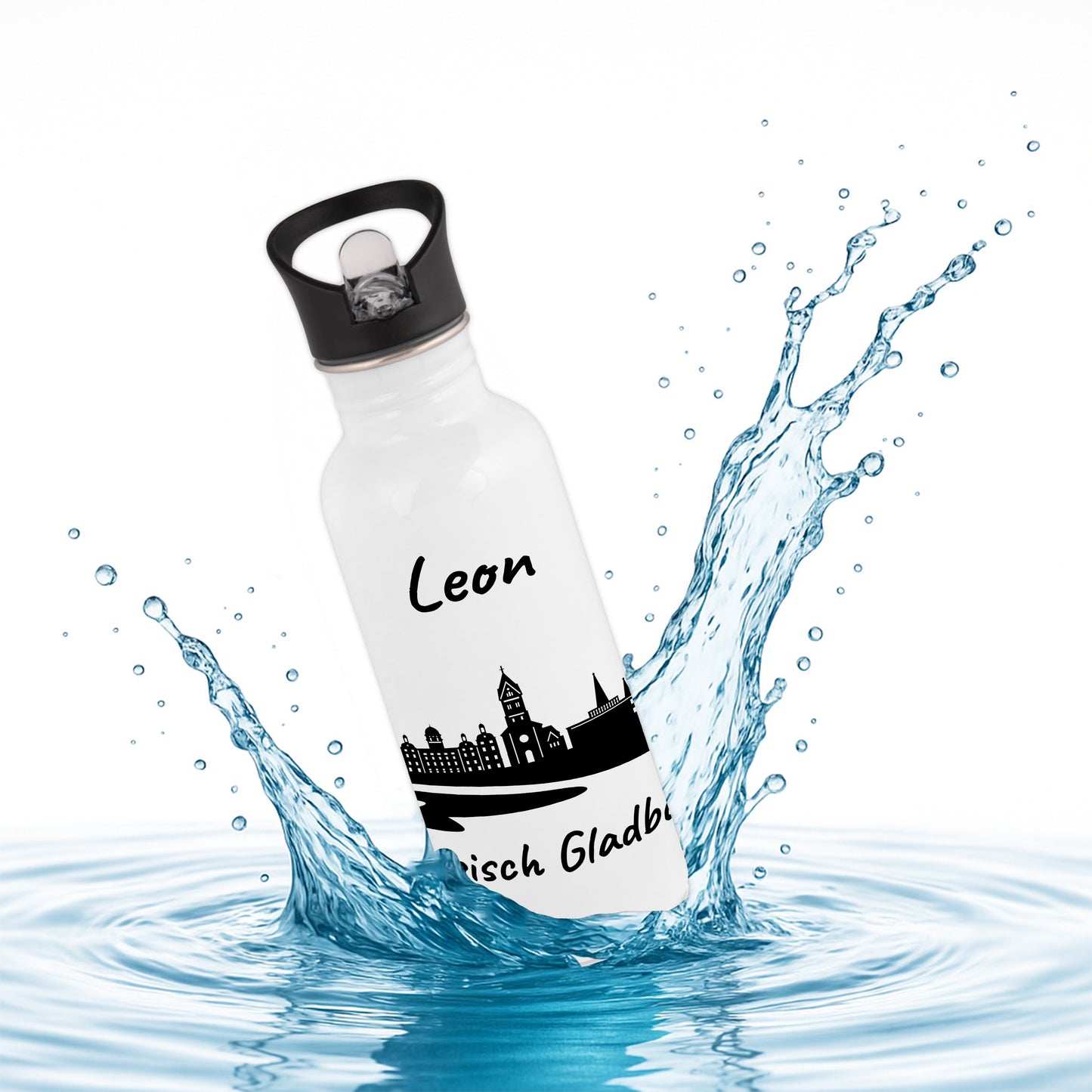 Trinkflasche in Weiß 600ml aus Edelstahl bedruckt mit der Skyline von Bergisch Gladbach personalisierbar mit Wunschname