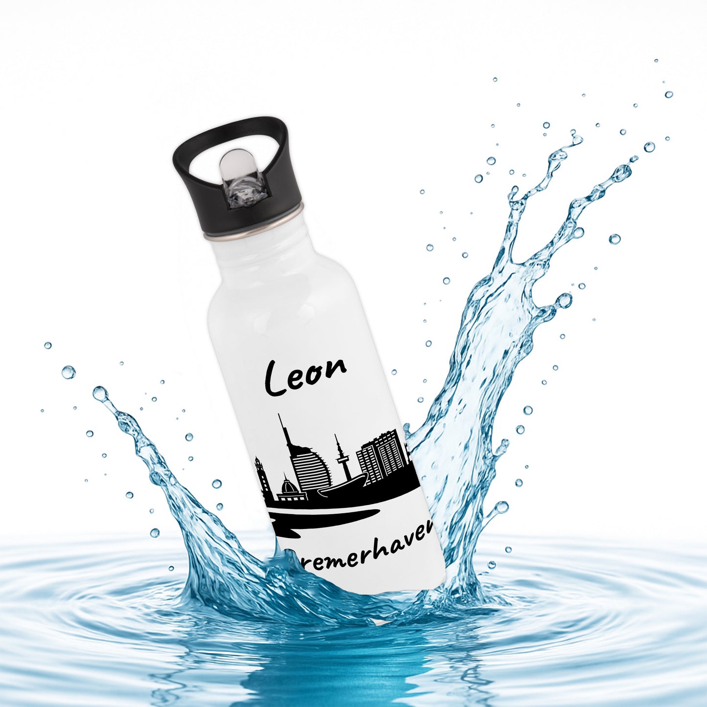 Trinkflasche in Weiß 600ml aus Edelstahl bedruckt mit der Skyline von Bremerhaven personalisierbar mit Wunschname