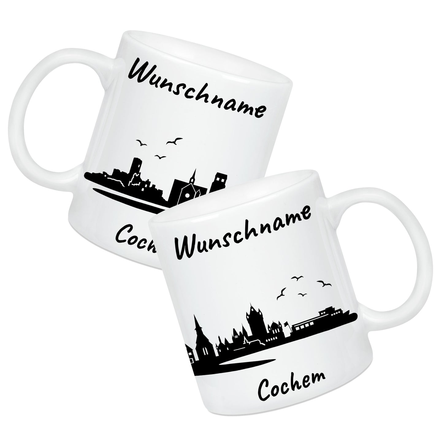 Tasse in Weiß 330ml bedruckt mit der Skyline von Cochem personalisierbar mit Wunschname