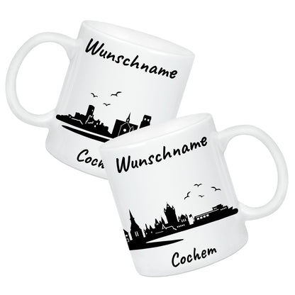 Tasse in Weiß 330ml bedruckt mit der Skyline von Cochem personalisierbar mit Wunschname