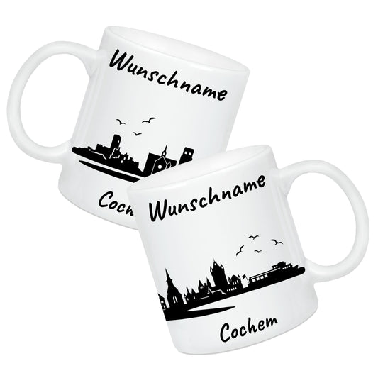 Tasse in Weiß 330ml bedruckt mit der Skyline von Cochem personalisierbar mit Wunschname