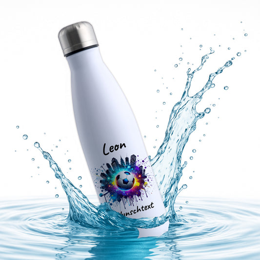 Thermoflasche 500ml in Weiß aus Edelstahl bedruckt "Fußball" Motiv7 personalisierbar mit Wunschname & Text