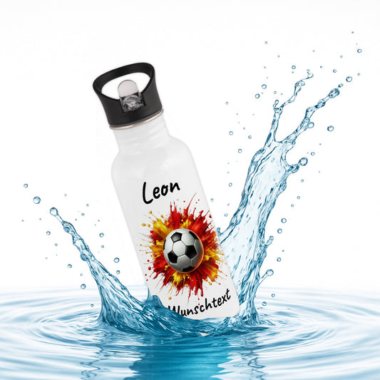 Trinkflasche mit Strohhalm in Weiß 600ml bedruckt mit Fußball Motiven"Motiv9" personalisierbar für Kinder mit Wunschname aus Edelstahl