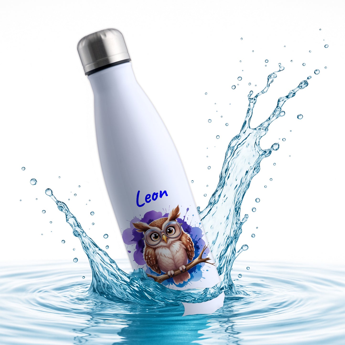 Trinkflasche in Weiß 500ml aus Edelstahl bedruckt mit niedlichen Tieren "Eule" personalisierbar für Kinder mit Wunschname