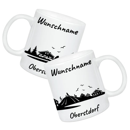 Tasse in Weiß 330ml bedruckt mit der Skyline von Oberstdorf personalisierbar mit Wunschname