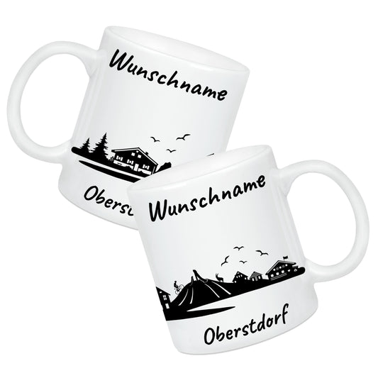 Tasse in Weiß 330ml bedruckt mit der Skyline von Oberstdorf personalisierbar mit Wunschname