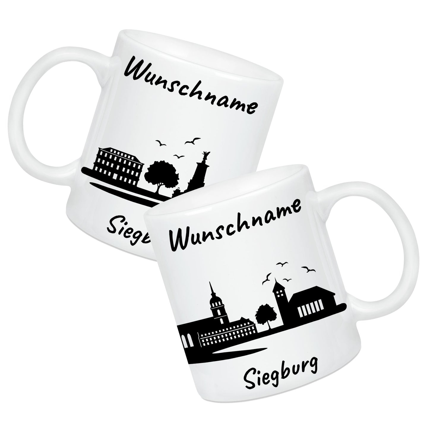 Tasse in Weiß 330ml bedruckt mit der Skyline von Siegburg personalisierbar mit Wunschname