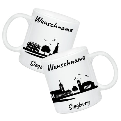 Tasse in Weiß 330ml bedruckt mit der Skyline von Siegburg personalisierbar mit Wunschname