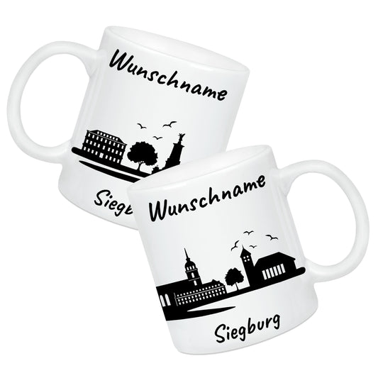 Tasse in Weiß 330ml bedruckt mit der Skyline von Siegburg personalisierbar mit Wunschname