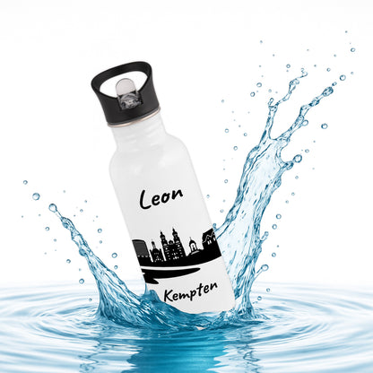 Trinkflasche in Weiß 600ml aus Edelstahl bedruckt mit der Skyline von Kempten personalisierbar mit Wunschname