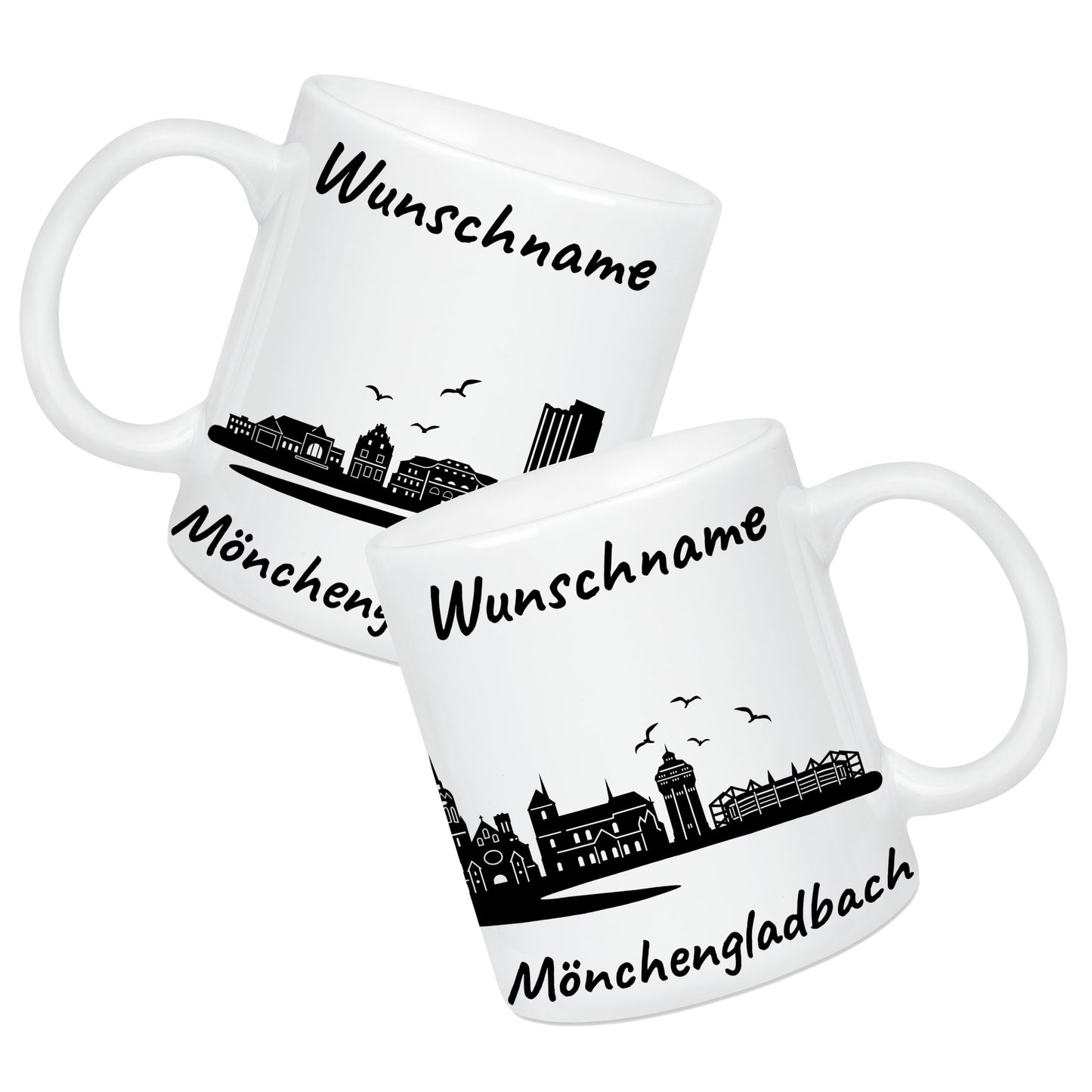 Tasse in Weiß 330ml bedruckt mit der Skyline von Mönchengladbach personalisierbar mit Wunschname