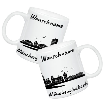 Tasse in Weiß 330ml bedruckt mit der Skyline von Mönchengladbach personalisierbar mit Wunschname