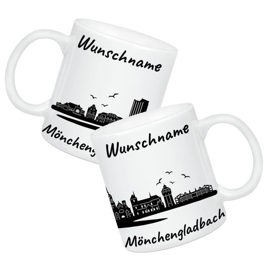 Tasse in Weiß 330ml bedruckt mit der Skyline von Mönchengladbach personalisierbar mit Wunschname