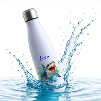 Thermoflasche 500ml in Weiß bedruckt mit tollen Motiven für Kinder "Hai" personalisierbar mit Wunschname