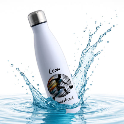 Thermoflasche 500ml in Weiß aus Edelstahl bedruckt "Fußball" Motiv2 personalisierbar mit Wunschname & Text
