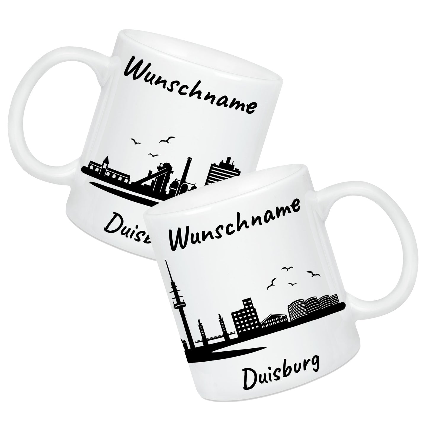 Tasse in Weiß 330ml bedruckt mit der Skyline von Duisburg personalisierbar mit Wunschname