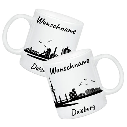 Tasse in Weiß 330ml bedruckt mit der Skyline von Duisburg personalisierbar mit Wunschname