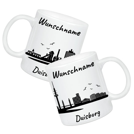 Tasse in Weiß 330ml bedruckt mit der Skyline von Duisburg personalisierbar mit Wunschname