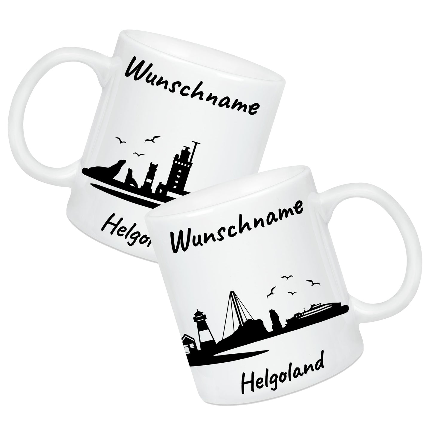 Tasse in Weiß 330ml bedruckt mit der Skyline von Helgoland personalisierbar mit Wunschname