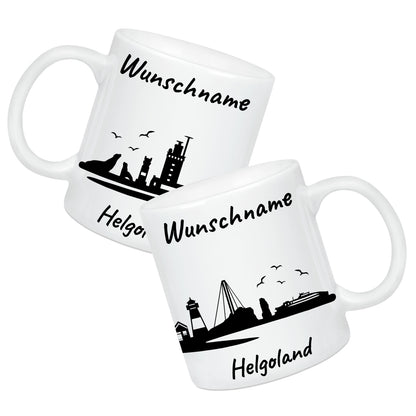 Tasse in Weiß 330ml bedruckt mit der Skyline von Helgoland personalisierbar mit Wunschname