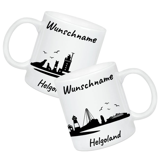 Tasse in Weiß 330ml bedruckt mit der Skyline von Helgoland personalisierbar mit Wunschname