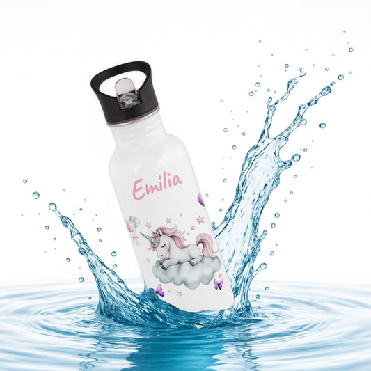Trinkflasche mit Strohhalm in Weiß 600ml bedruckt mit tollen Motiven für Kinder "Einhorn Wolke" personalisierbar für Kinder mit Wunschname aus Edelstahl