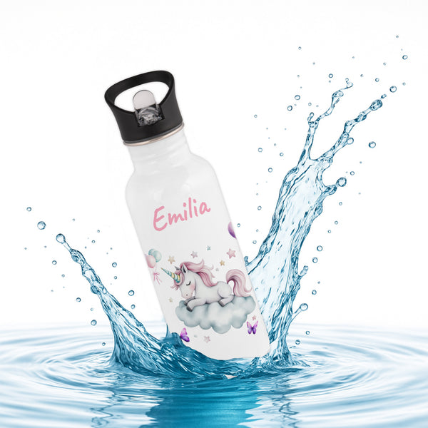 Trinkflasche mit Strohhalm in Weiß 600ml bedruckt mit tollen Motiven für Kinder "Einhorn Wolke" personalisierbar für Kinder mit Wunschname aus Edelstahl