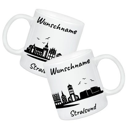 Tasse in Weiß 330ml bedruckt mit der Skyline von Stralsund personalisierbar mit Wunschname