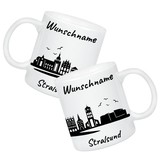 Tasse in Weiß 330ml bedruckt mit der Skyline von Stralsund personalisierbar mit Wunschname