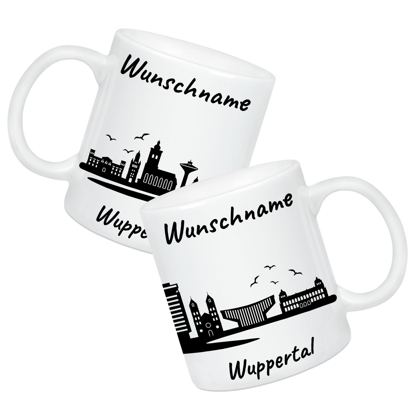 Tasse in Weiß 330ml bedruckt mit der Skyline von Wuppertal personalisierbar mit Wunschname