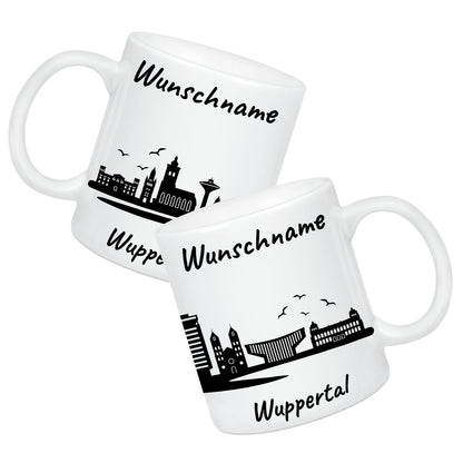 Tasse in Weiß 330ml bedruckt mit der Skyline von Wuppertal personalisierbar mit Wunschname