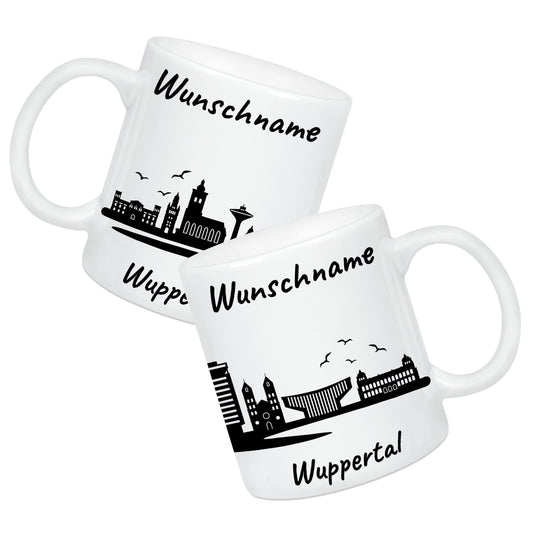 Tasse in Weiß 330ml bedruckt mit der Skyline von Wuppertal personalisierbar mit Wunschname