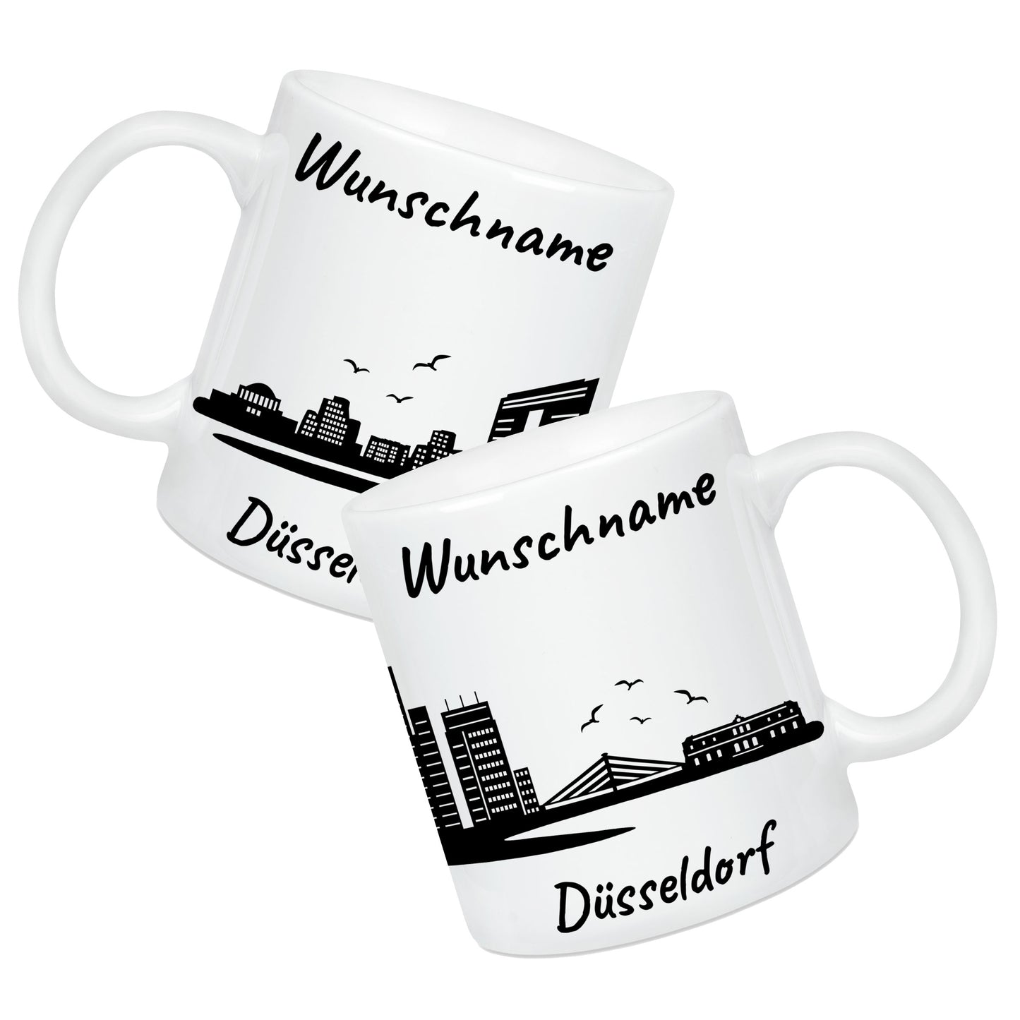 Tasse in Weiß 330ml bedruckt mit der Skyline von Düsseldorf personalisierbar mit Wunschname