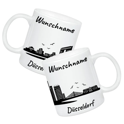 Tasse in Weiß 330ml bedruckt mit der Skyline von Düsseldorf personalisierbar mit Wunschname