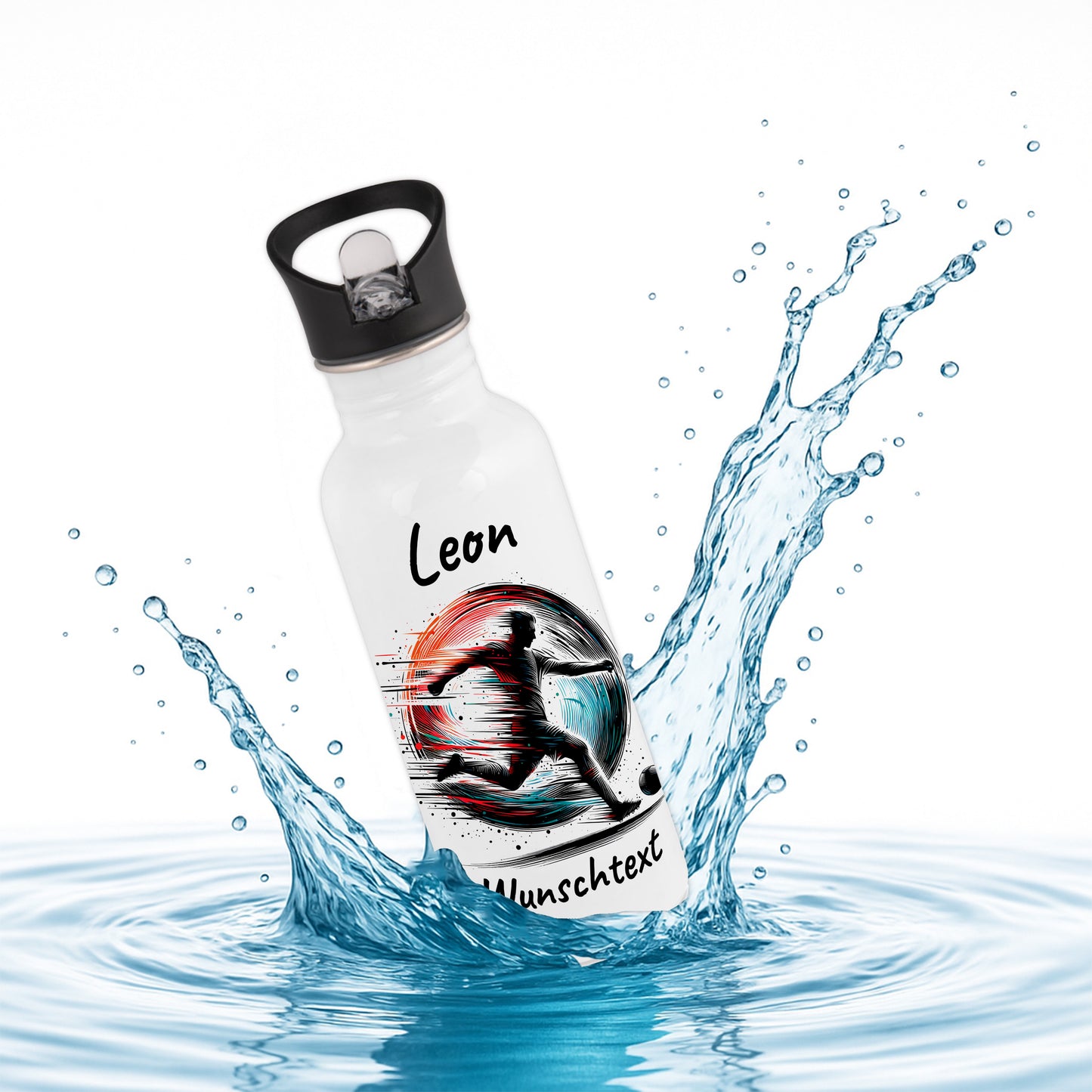 Trinkflasche mit Strohhalm in Weiß 600ml bedruckt mit Fußball Motiven"Motiv3" personalisierbar für Kinder mit Wunschname aus Edelstahl