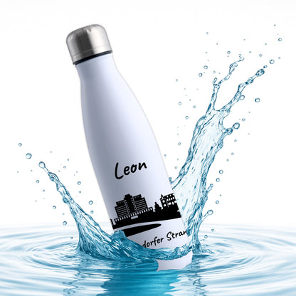Trinkflasche in Weiß 500ml aus Edelstahl bedruckt mit der Skyline von Timmendorfer Strand personalisierbar mit Wunschname