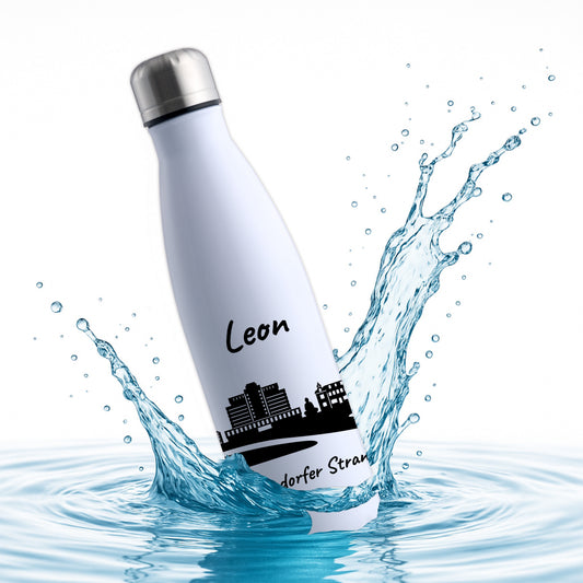 Trinkflasche in Weiß 500ml aus Edelstahl bedruckt mit der Skyline von Timmendorfer Strand personalisierbar mit Wunschname