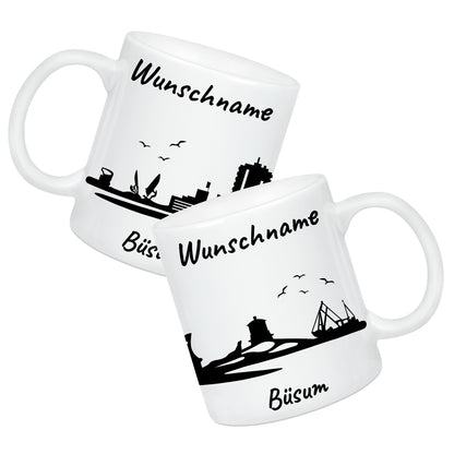 Tasse in Weiß 330ml bedruckt mit der Skyline von Büsum personalisierbar mit Wunschname