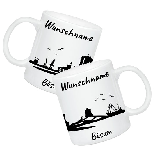 Tasse in Weiß 330ml bedruckt mit der Skyline von Büsum personalisierbar mit Wunschname