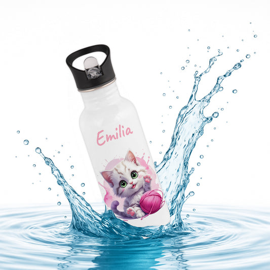 Trinkflasche mit Strohhalm in Weiß 600ml bedruckt mit niedlichen Tieren"Katze" personalisierbar für Kinder mit Wunschname aus Edelstahl