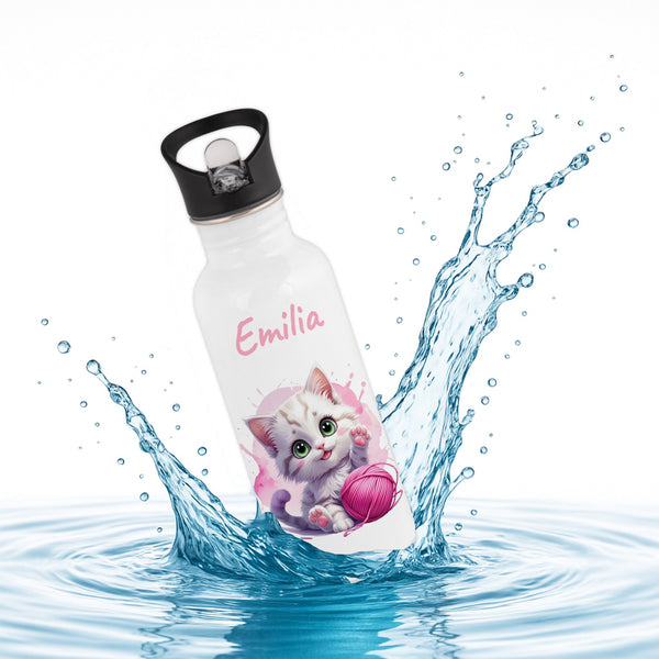 Trinkflasche mit Strohhalm in Weiß 600ml bedruckt mit niedlichen Tieren "Katze" personalisierbar für Kinder mit Wunschname aus Edelstahl
