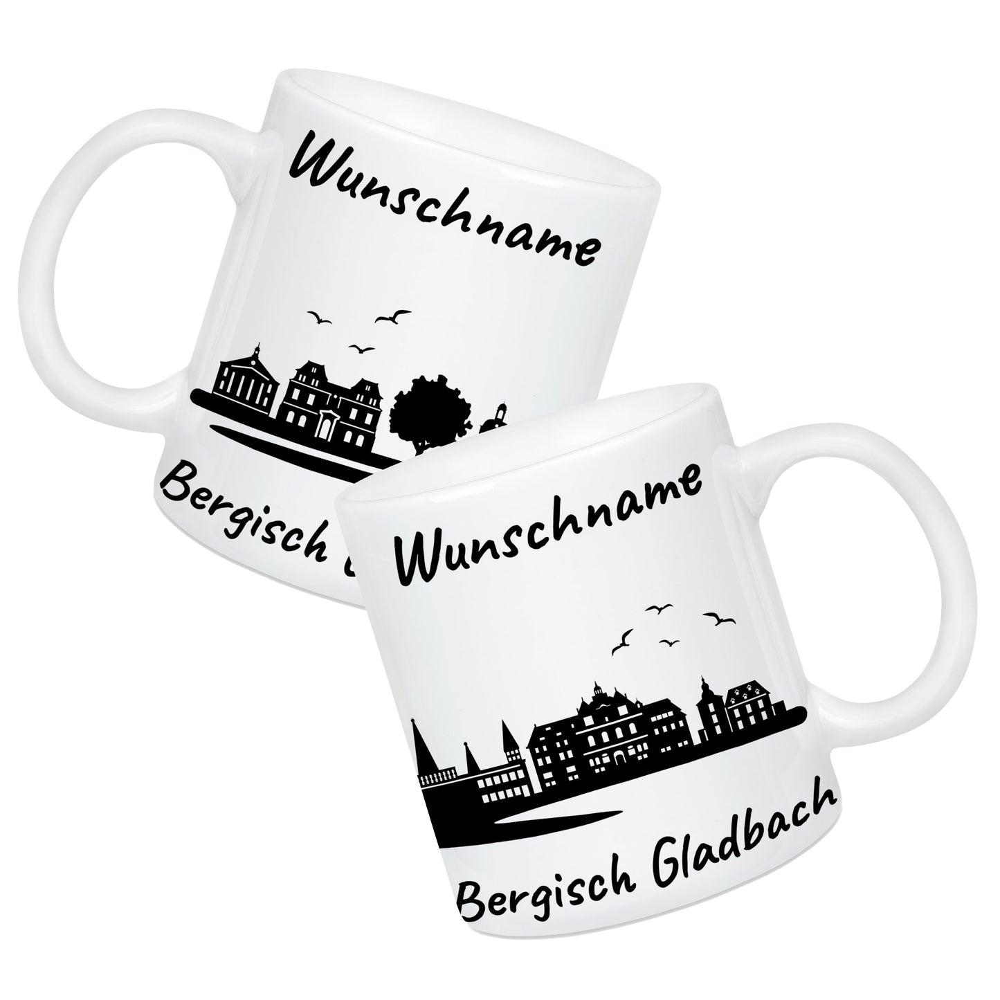 Tasse in Weiß 330ml bedruckt mit der Skyline von Bergisch Gladbach personalisierbar mit Wunschname