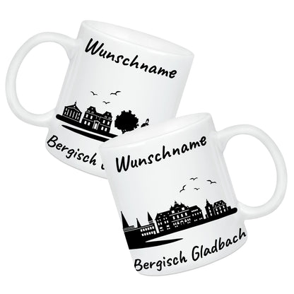 Tasse in Weiß 330ml bedruckt mit der Skyline von Bergisch Gladbach personalisierbar mit Wunschname