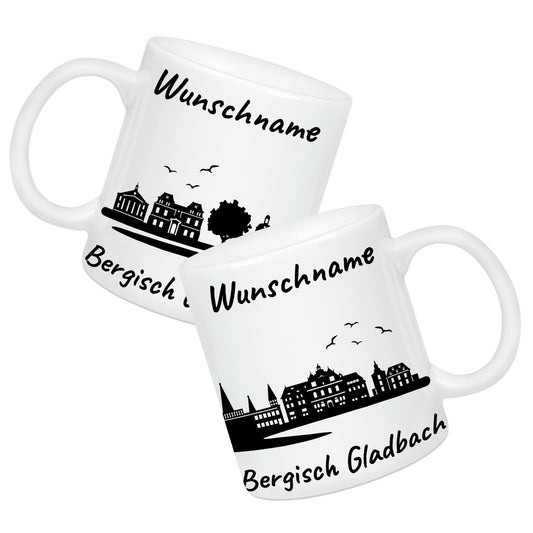 Tasse in Weiß 330ml bedruckt mit der Skyline von Bergisch Gladbach personalisierbar mit Wunschname