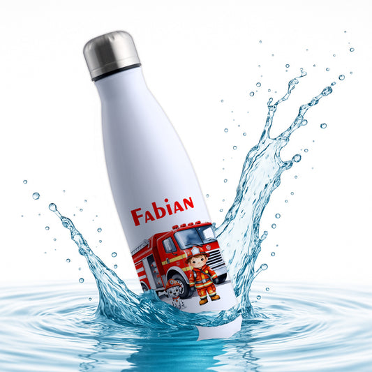 Thermoflasche 500ml in Weiß bedruckt mit tollen Motiven für Kinder "Feuerwehr" personalisierbar mit Wunschname