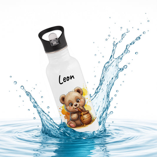 Trinkflasche mit Strohhalm in Weiß 600ml bedruckt mit niedlichen Tieren"Bär" personalisierbar für Kinder mit Wunschname aus Edelstahl
