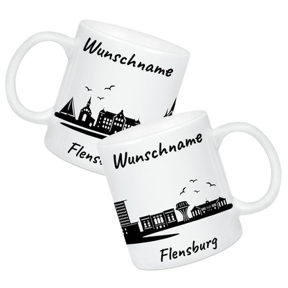 Tasse in Weiß 330ml bedruckt mit der Skyline von Flensburg personalisierbar mit Wunschname