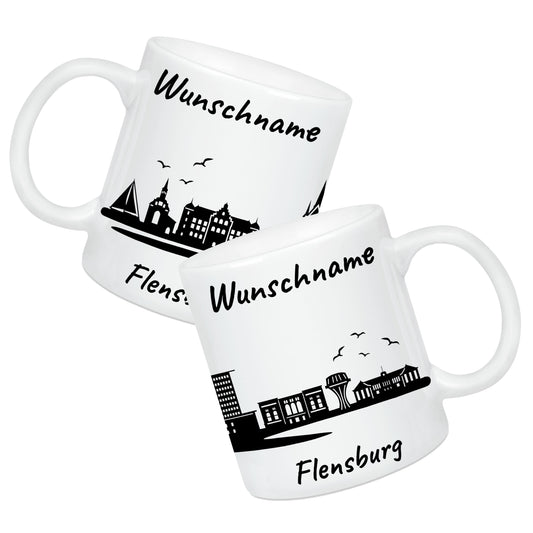 Tasse in Weiß 330ml bedruckt mit der Skyline von Flensburg personalisierbar mit Wunschname